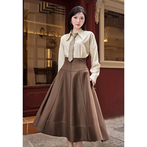 Jupe midi évasée élégante et moderne marron pour femme, taille haute, en polyester et élasthanne, décontractée, pour le bureau, RYAN - Product Image 5