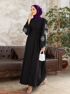 Women Muslim Breathable Polyester Abaya Beaded Floor Length <b>Long</b> Sleeve Modest Islamic <b>Eid</b> Ramadan Daily Wear - Product Image 4