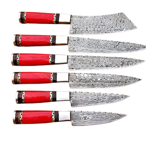 Juego de 6 Cuchillos de Chef de Acero de Damasco Hechos a Mano con Mangos de Madera Roja, Cuchillos Profesionales para Cocina, para Cortar y Picar - Product Image 1