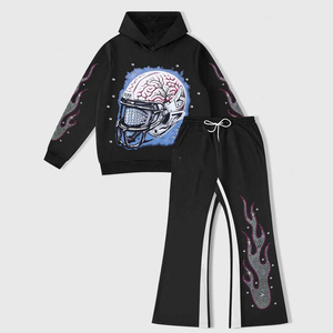 Chándal personalizado con gráficos de diamantes de imitación, chándal 100% algodón con estampado DTG, sudadera con capucha y pantalones deportivos con diamantes de imitación para ropa informal unisex. - Product Image 1