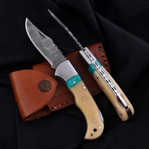 Couteau pliant en acier Damas Nordic Forge, verrouillage arrière, manche en os et turquoise avec étui, couteau de poche EDC pour le camping et la chasse - Product Image 2