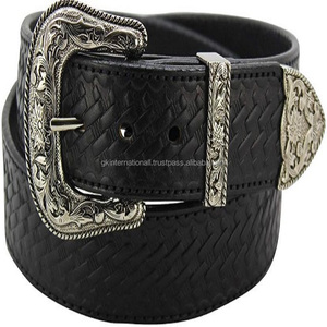 Cesta de cuero para hombre, cinturón occidental tejido, diseño en relieve resistente en cuero negro premium con hebilla de diseñador de tres piezas - Product Image 2