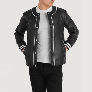 Men's Black PU <b>Leather</b> Bomber <b>Jacket</b> Regular Fit Stand Collar Button Closure Solid Color Casual Autumn Wear - Product Image 1