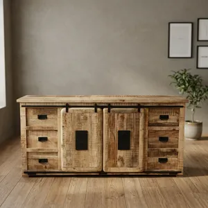 Buffet vintage en bois indien recyclé, meuble TV avec deux portes et six tiroirs, finition métallique rustique, armoire de rangement - Product Image 6