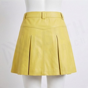 Women Faux Leather A-Line Mini <b>Skirt</b> <b>Pleated</b> Solid <b>Yellow</b> Regular Waistline Shiny Style All Seasons - Product Image 2