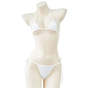 Conjunto de Bikini Blanco Sólido con Tiras y Joyería, Top Triangular Micro y Braguita con Lazos Laterales, Traje de Baño para Vacaciones en la Playa - Product Image 1