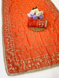 Georgette <b>Saree</b> Gold Embroidery Border for Women Wedding Wear Indian Pakistani Traditional Floor-Length Quick Dry All Seasons - Product Image 2