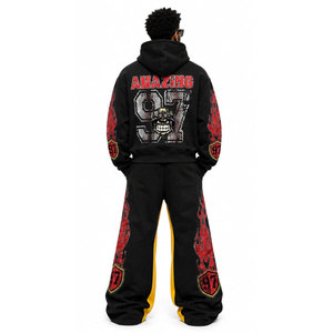 Conjunto de Chándal Estampado de Peso Pesado para Hombre, Sudadera con Capucha y Pantalones de Chándal, Estilo Urbano, Manga Larga, Ajuste Holgado, Diseño de Llama Negra y Roja - Product Image 4