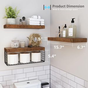 <b>Floating</b> Toilet Paper Storage Shelf Set of 3 Rustic Farmhouse <b>Wall</b> Mounted Shelves 16 Inch Steel - Product Image 3