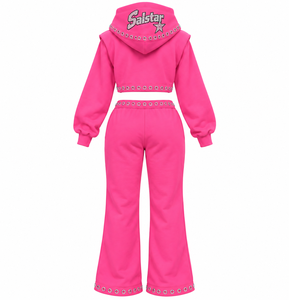 Women’s Custom <b>Rhinestone</b> Hooded <b>Crop</b> <b>Top</b> & Wide Leg Pants 2 Piece Pink Tracksuit Set Wholesale Fashion Sportswear - Product Image 1