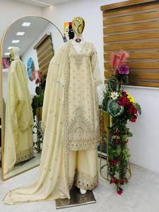 Conjunto de Top Largo y Pantalones Palazzo con Bordado de Cuentas y Encaje, Estilo Indio-Pakistaní, para Bodas y Fiestas - Product Image 1