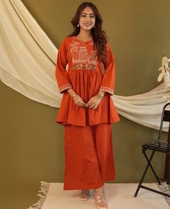 Conjunto de Dos Piezas de Algodón Bordado, Conjunto de Primavera y Verano Informal, Estampado, Top y Pantalón de Algodón - Product Image 3