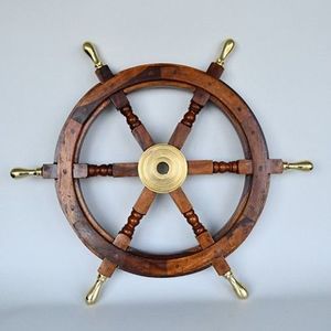 Volant de bateau en bois fait main de haute qualité, à suspendre au mur, avec centre en laiton poli à six branches, style antique, décoration intérieure - Product Image 4
