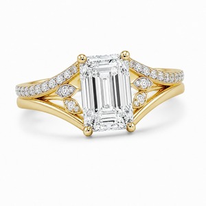 Anillo de banda dividida con hoja de diamante esmeralda, oro amarillo de 18K, pavé botánico, diamantes cultivados en laboratorio, de lujo, moderno, para mujer, anillo de boda - Product Image 1