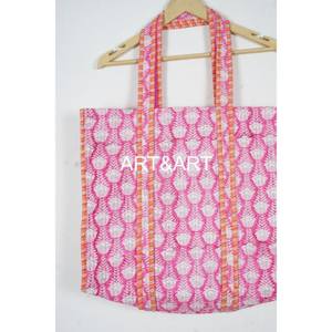 Bolsa de Mano de Algodón Acolchada Estilo Vintage para Mujer con Bolsillo Interior, Estampado de Bloques, Bolsa de Compras para Uso Diario, Temporada de Verano - Product Image 3