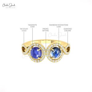 Anillo de compromiso de oro de 14k para mujer con doble halo, 0.9 CTW, con piedra cabujón redonda, piedra lunar arcoíris y diamantes. - Product Image 6