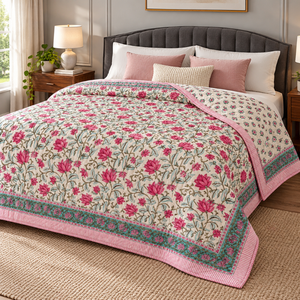 Couette imprimée Lotus Garden |   Couette réversible en coton Mulmul avec rembourrage en coton pur de 2 kg et matelassage à la main pour lit double - Product Image 1