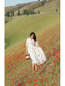 <b>White</b> Embroidered Cotton Midi Dress Flattering V-neckline and puffed Mid-Length Sleeves Floral Embroidery Long Dress - Product Image 2