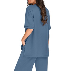 Ensemble deux pièces plissé en velours côtelé 100 % coton respirant et décontracté pour femme, grandes tailles, été, couleur unie (haut et pantalon) - Product Image 2