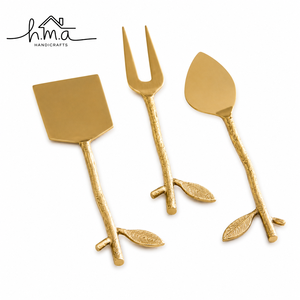 Brass Gold Leaf Handle Cheese Serving <b>Set</b> <b>Square</b> Spatula Two Prong Fork Teardrop Knife Nature Inspired Textured Design - Product Image 4