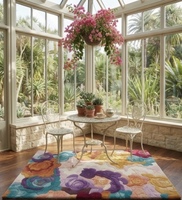 Tapis rectangulaire en laine à motif floral avec poils doux et envers antidérapant en caoutchouc pour salon, style bohème