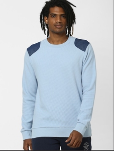 Sweat-shirt à col rond bleu clair pour homme, coupe classique, tricoté, 100% coton, pull décontracté, couleur unie, automne - Product Image 1