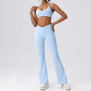 Ensemble de yoga 2 pièces, haut court taille haute, leggings longs, couleur unie, bretelles spaghetti, vêtements de sport pour femmes - Product Image 4