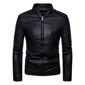 Men's <b>Black</b> Genuine Leather <b>Jacket</b> Stand Collar Zipper Closure Slim Fit Moto Biker Style Autumn Wear Regular Sleeve Solid Color - Product Image 1