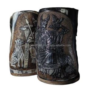 Chope à bière Viking Horn Style nordique authentique avec support en bois pour cadeau de mariage d'Inde - Product Image 1