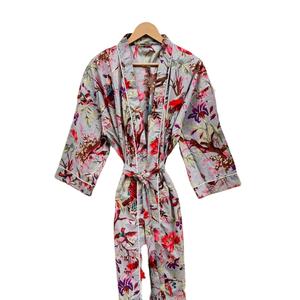 Bata Kimono de Algodón 100% Tejido con Estampado de Dibujos Animados para Mujer, Camisón de Verano Hecho a Mano, Cuello en V, Cintura Elástica, Largo hasta la Rodilla, Suave - Product Image 1