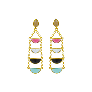 Multi Gemstone Chain Dangle <b>Earrings</b> Handmade Gold Plated Statement <b>Earrings</b> <b>Cat</b> Eye Onyx Quartz Chalcedony Jewelry - Product Image 2