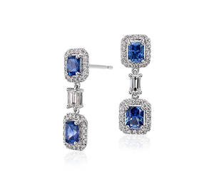 Pendientes colgantes de oro de 10 quilates con zafiro azul radiante y diamantes (naturales) en forma de halo - Product Image 1