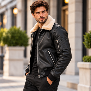 Chaqueta bomber de cuero negro para hombre con cuello de piel, abrigo de invierno de lujo con forro de borrego y cremallera. - Product Image 2