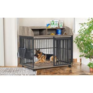 Grande cage pour chien en bois robuste avec roues verrouillables et design de table d'appoint - Product Image 4