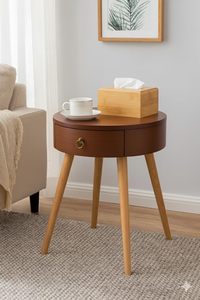 Wooden <b>Round</b> Side <b>Table</b> with Drawer, Chest of Drawers <b>Bedside</b> <b>Table</b> Retro <b>Bedside</b> <b>Table</b> Coffee <b>Table</b> (Brown) - Product Image 3