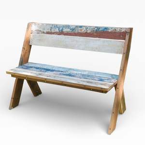 Banc d'extérieur artisanal avec dossier en bois de bateau recyclé couleur naturelle pour jardin, parc, maison – Mobilier démontable - Product Image 1