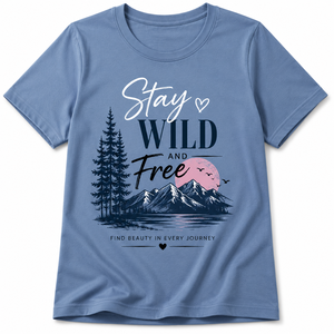 Camiseta de Cuello Redondo Azul Personalizada para Mujer, Manga Corta, Estampado Stay Wild Free, 100% Algodón, Casual, Transpirable, Corte Regular - Product Image 1