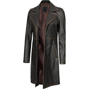 <b>Men's</b> Genuine Leather <b>Long</b> Trench <b>Coat</b> Notched Lapel Single Breasted Thick Outerwear custom leather <b>coat</b> - Product Image 1