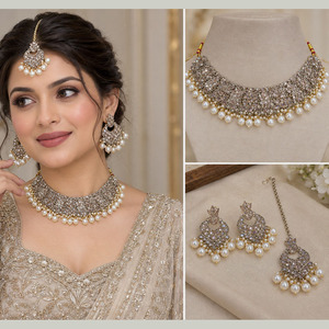 Ensemble collier et boucles d'oreilles pour femme JeweleMarket, plaqué or, avec cristaux et strass, style ethnique, pour mariage, fiançailles, anniversaire, fête, cadeau - Product Image 1