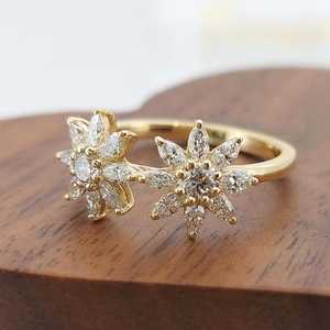 Anillo de doble banda con diamantes florales cultivados en laboratorio, corte marquesa y redondo, para mujer, oro macizo de 14K, amuleto de pareja, ideal para regalo de aniversario. - Product Image 4