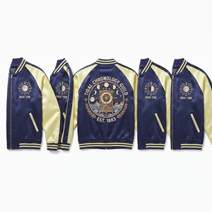 Wholesale Supplier Satin Souvenir Jacket Royal Navy Champagne Tidal Chronology Moon Phase Embroidery Baseball Bomber <b>Coat</b> - Product Image 1