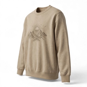 Sweat-shirt à col rond épais vintage délavé à l'acide avec motif, style streetwear personnalisé, broderie minimaliste Montagne Soleil, pull-over - Product Image 4