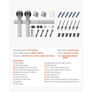 Kit Ferramenta per Porta Scorrevole Stile Barn da 8FT, Capacità di Carico 330 LBS, Compatibile con Larghezze da 42 a 48 Pollici per Porte in Vetro da 1 3/8 a 1 3/4 Pollici - Product Image 6