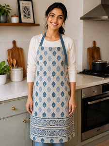 Tablier en lin de qualité supérieure |   Tablier en lin à imprimé floral bleu avec bordure décorative |   Tablier de cuisine et de pâtisserie réglable - Product Image 2