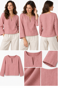 Blusa de Lino Rosa para Mujer, Venta al por Mayor, Manga Larga, Transpirable, Informal, con Botones, Ecológica - Product Image 4