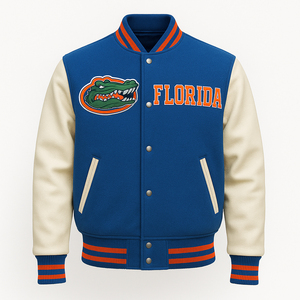 Chaqueta Universitaria Personalizada Azul y Blanca para Hombre, Chaqueta Bomber de Béisbol para Escuela Secundaria y Universidad con Parches de Chenilla Florida - Product Image 4