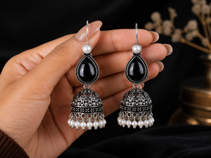 Black Onyx Pearl Oxidized Jhumka <b>Earrings</b> | Vintage Teardrop Bell <b>Earrings</b> for Women - Product Image 3