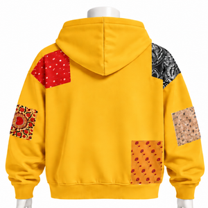 Sweat-shirt à capuche zippé oversize en tissu doré patchwork, avec motif imprimé, style streetwear décontracté pour homme - Product Image 2
