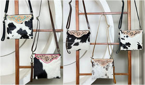 Sac bandoulière en cuir de vachette avec rabat floral travaillé à la main et bordure rose, style bohème, sacs à main pour femmes - Product Image 4