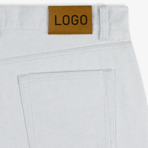 Premium Light Wash Denim <b>Shorts</b> <b>Men</b> Luxury Vintage OEM Custom Streetwear Summer Fashion Bottoms Distressed Finish Leather <b>Patch</b> - Product Image 5